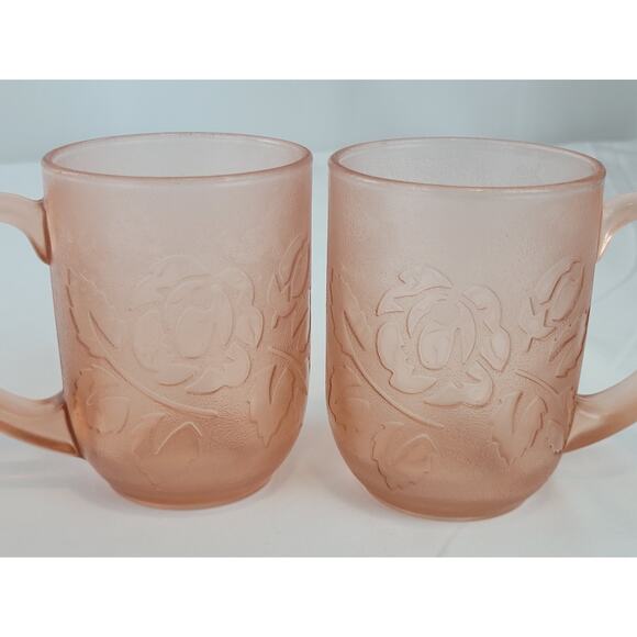 Vintage Pink Depression Glass Arcoroc France Rosaline Rose Coffee Mug Set of 4 - Picture 7 of 10
